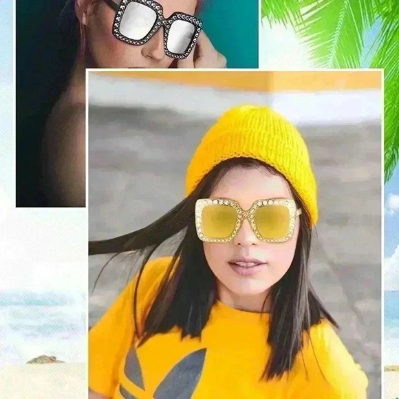 1 Pair of Crystal Oversized Sunglasses Square Diamond Sunglasses - Picture 6 of 6